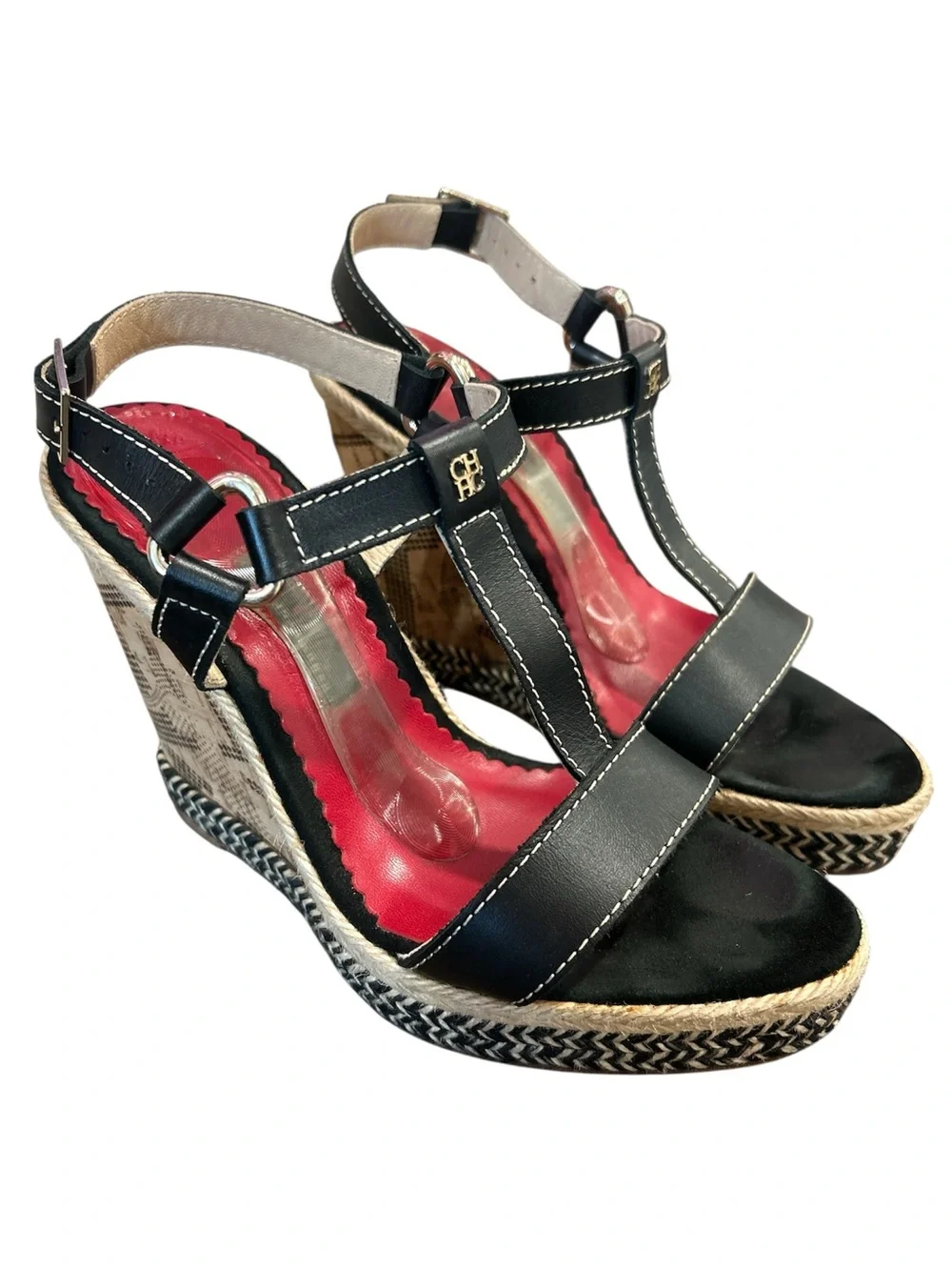 Carolina Herrera leather cork Espadrille wedges black/tan size 8 1/2